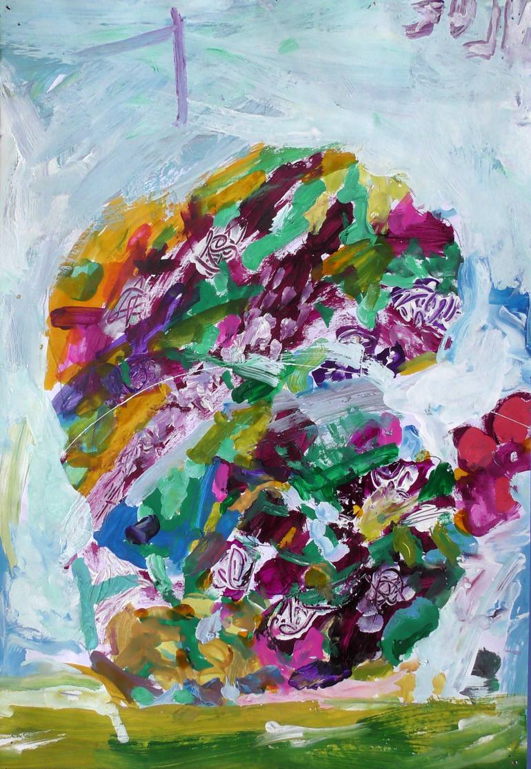 Original Floral Painting by Sergei Chudjakow | Expressionism Art on Paper | ,,Lilac bush and red roses,,