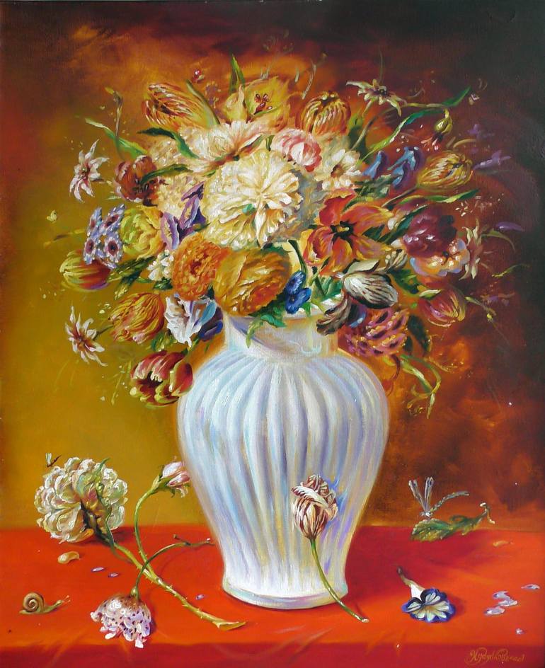 Original Still Life Painting by Sergei Chudjakow | Realism Art on Canvas | ,,Bouquet of flowers in a porcelain vase,,