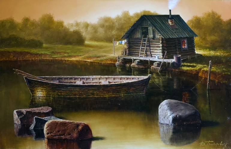 Original Landscape Painting by Sergei Chudjakow | Realism Art on Canvas | ,,Siberian bathhouse by the lake,,