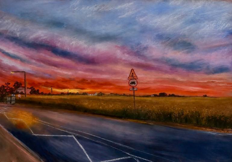 Original Landscape Drawing by Kateryna Lytvynova | Impressionism Art on Paper | Crimson Sunset over the Road