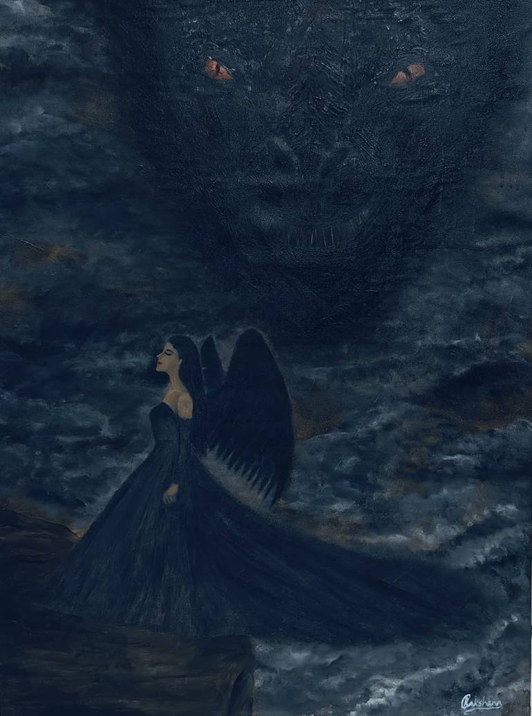 Original Abstract Painting by Rakshana G | Abstract Art on Canvas | Original Oil on Canvas -Guardian of the Abyss(Black Frame)