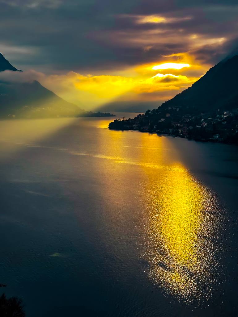 Original Landscape Photography by Craig Stewart | Photorealism Art on Paper | Lake Como - Italy - Sunset on the lake #3077