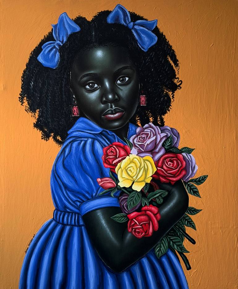 Original Children Mixed Media by Joshua Oyeleye | Portraiture Art on Canvas | A bouquet of Love