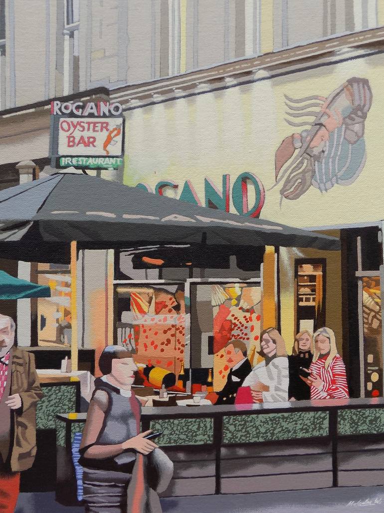 Original Cities Painting by Malcolm Warrilow | Illustration Art on Canvas | The Oyster Cafe.