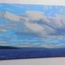 My painting depicts a fresh, windy summer day over the Firth of Clyde estuary in Scotland. I decided to paint this as love the shapes of clouds in contrast to the sky and water. 
Was painted wet onto dry- in stages. This painting will need framing.