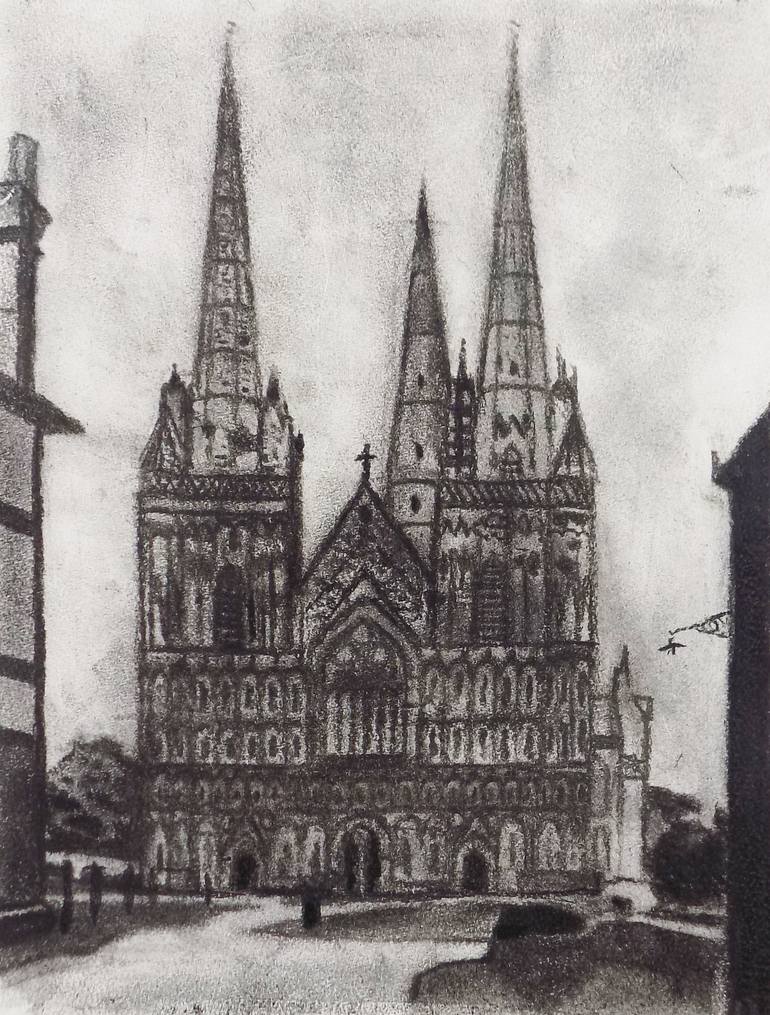 Lichfield Cathedral in charcoal Drawing by Malcolm Warrilow | Saatchi Art