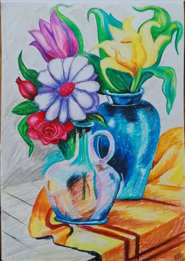Flower Vases still life drawing by Oli Pastels Painting by Helani  Gunawardhana | Saatchi Art Lebanon, image size:770x1087