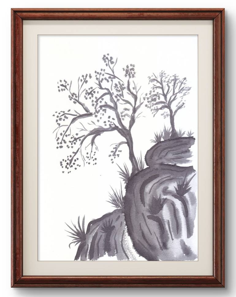Sumi-E Mountain Tree Painting by Anandita Banerjee | Saatchi Art India