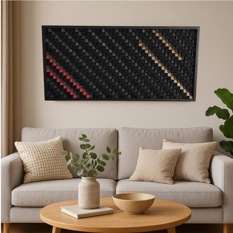 Original Abstract Sculpture by Kypros Shiapanis | Abstract Art on Wood | Dark Harmony: Red and Gold Accent Wall Sculpture