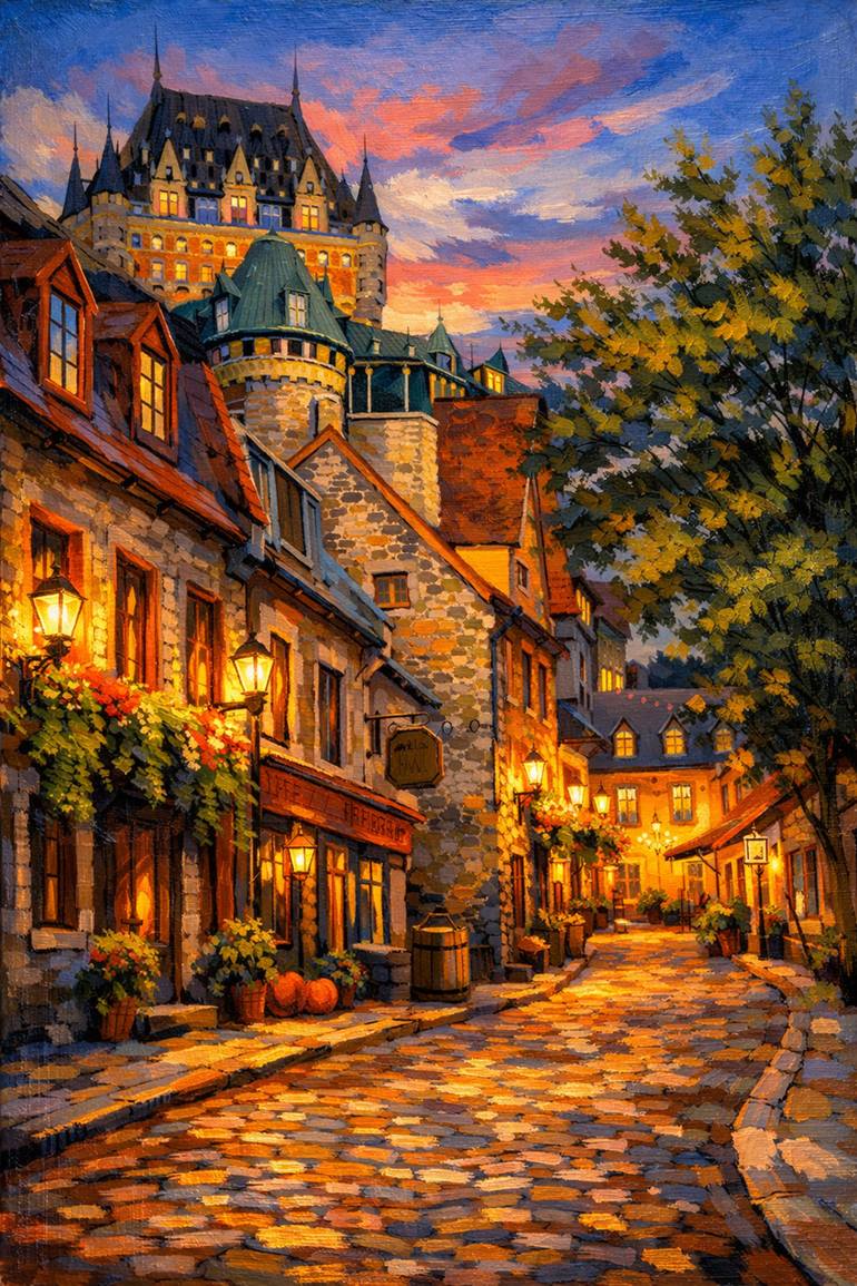 Original Landscape Drawing by Jean Claude Dery | Contemporary Art on Paper | The lights of Quebec City, at the foot of the Castle