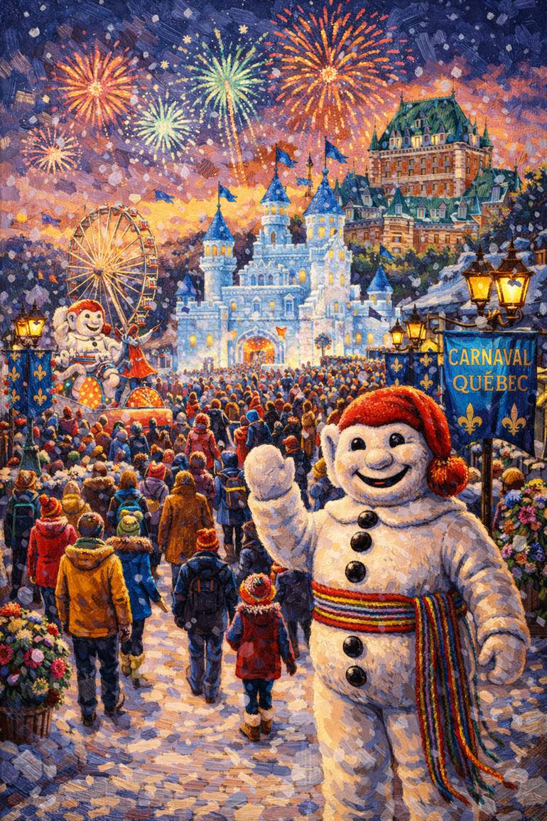Original Landscape Mixed Media by Jean Claude Dery | Art Deco Art on Fine Art Paper | Winter Magic of the Quebec Carnival