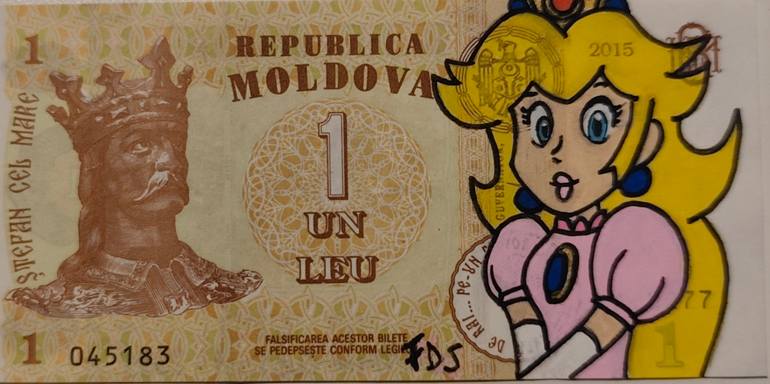 Original Cartoon Drawing by Filipe Da Silva | Art Deco Art on Paper | PRINCESS PEACH ON MOLDOVAN BANKNOTE