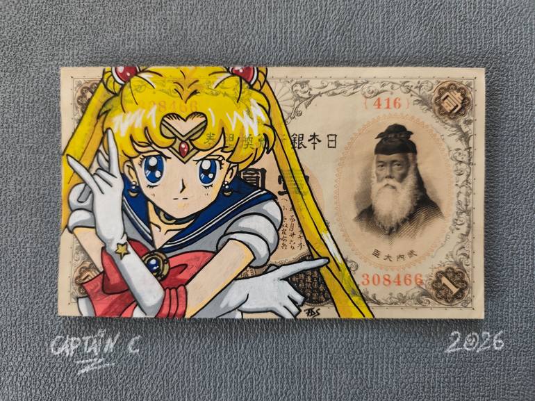 Original Comics Mixed Media by Filipe Da Silva | Street Art Art on Fine Art Paper | Sailor Moon on Japanese Vintage Currency