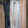 oil on canvas, 140x120 cm; the distinction between abstraction and figurative is conventional; directly inspired by the old house of my parents and the workplace of my father, where ordinary things become metaphors,