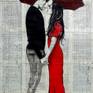 Ink, crayon and gouache on vintage book pages adhered together to create one sheet ready for framing as desired, part of an ongoing series of works created over the past ten years featuring romantic couples or lone figures in the rain, with or without the red umbrella, which has been a signature feature of Jover ink works in this series.. very popular with collectors worldwide, I am the ''original'' creator of this genre, technique and the first artist to create works on book pages in this expressionistic pop style.. over 60 of the works from this series in ink on vintage book pages series can be found in public, corporate and private collections in more than 25 countries.