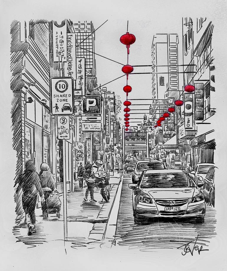 melbourne chinatown Drawing by LOUI JOVER Saatchi Art