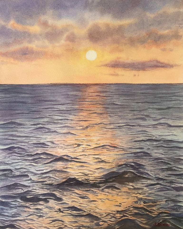 Original Seascape Painting by Marharyta Volska | Realism Art on Paper | The Golden Hour Sunset