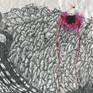 pen, watercolor, gouache, glass beads, and thread on loose cotton fabric