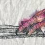 pen, watercolor, gouache, glass beads, and thread on loose cotton fabric