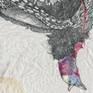 pen, watercolor, gouache, glass beads, and thread on loose cotton fabric