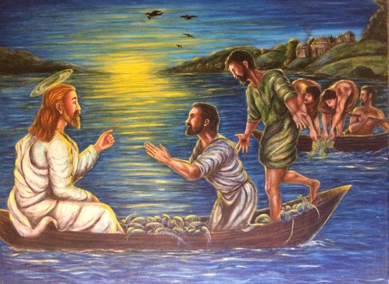 Jesus with fishermen (2018) Painting by Ramprakash A B | Saatchi Art