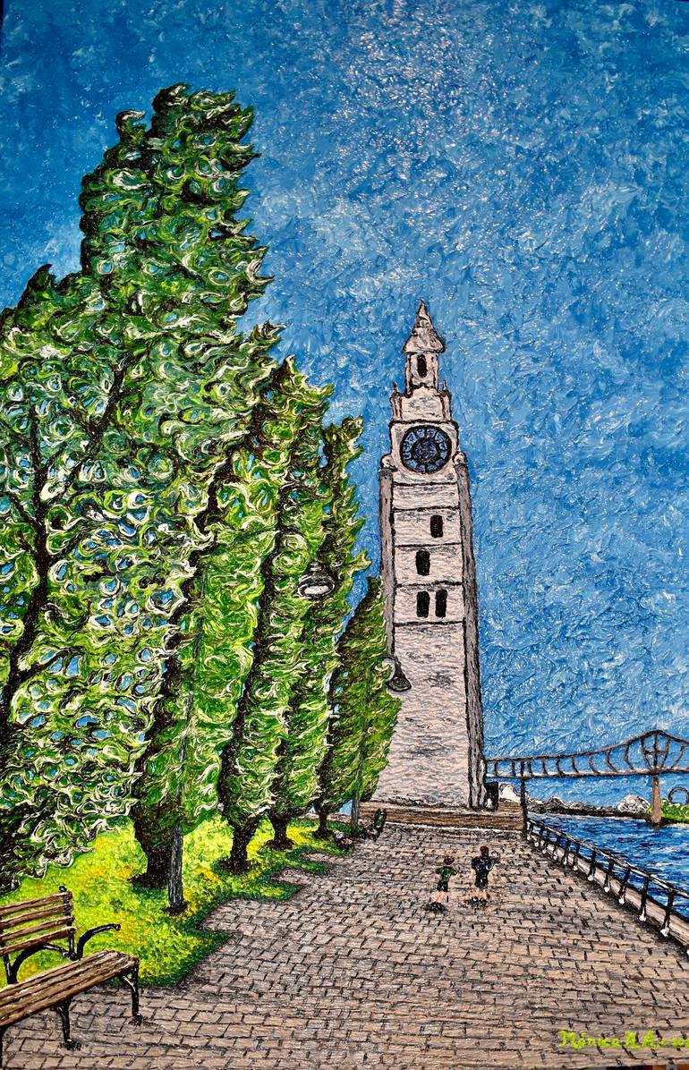 Original Landscape Painting by Monica N Albarran | Expressionism Art on Canvas | "The Tower Clock of Montreal"