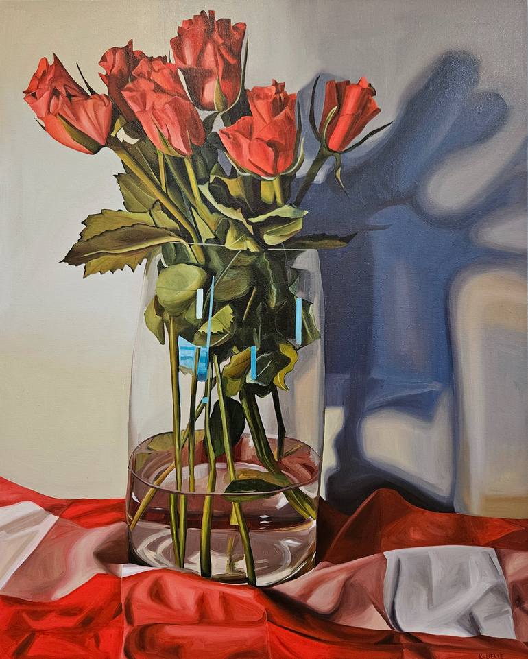 Original Still Life Painting by Keanna-belle Sacilotto | Realism Art on Linen | Red Roses and Checkered Cloth