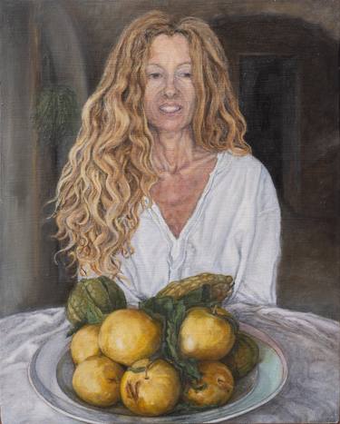 Portrait of Mar with a dish full of yellow plums thumb