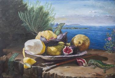 Still life with mediterranean landscape and lizards thumb