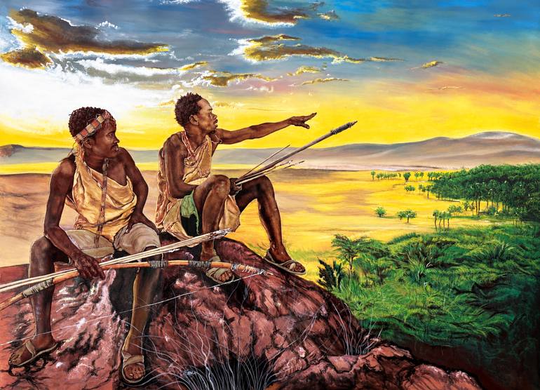 Original Landscape Painting by Michael Agyekum | Vintage Art on Canvas | Hadza Hunters Overlooking Their Territory at Sunset