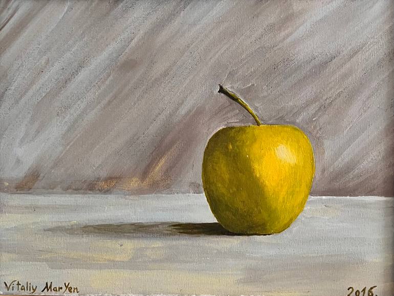 Original Still Life Painting by Vitaliy Maryenkov | Expressionism Art on Canvas | ,, Green Apple"