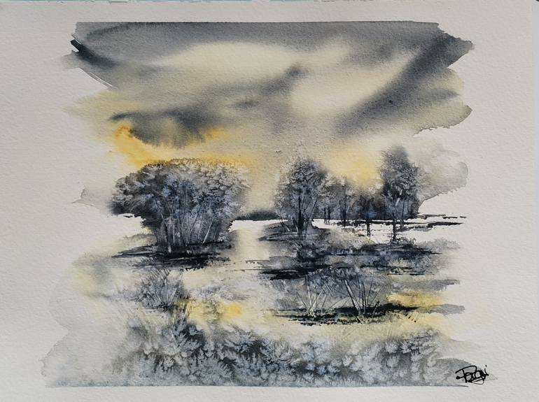Original Landscape Painting by Pagi - | Abstract Art on Paper | Where the Water Holds the Sky
