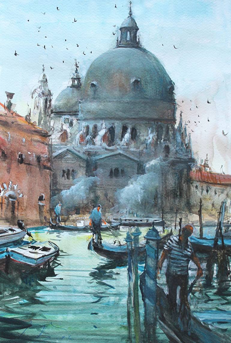 Original Architecture Painting by Maximilian Damico | Impressionism Art on Paper | Basilica and Gondolas