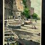 Original watercolor and gouache 15x22.5 inch.(38x58cm) view of a little beach in the 'comune' of Cetara located in the territory of the Amalfi Coast, south western Italy. The artwork depicts fishing boats beached and sailors during an early spring day preparing for the next sail. It was made on location during this year 2015 by Massimo Damico, professional and specialist in this technique; on paper watercolor, Saunders Waterford 300gm roug
