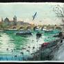 Original watercolour and gouache 15x6.5 inch.(38x16.5 cm) 'Under the Bridge in Prague II' view over the river Vltava from the bankriver of the Lesser Quarter side in Prague, on background the well know Charles Bridge and typical streamboats from the city. In the foreground swans ducks and geese populate the riverside. Prague-Czech Rep. made on location during this year 2015 by Massimo Damico, professional and specialist in this technique; on paper watercolor, Saunders Waterford Watercolor Papers 300gm rough