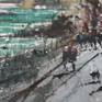 Original watercolour and gouache 15x6.5 inch.(38x16.5 cm) 'Under the Bridge in Prague II' view over the river Vltava from the bankriver of the Lesser Quarter side in Prague, on background the well know Charles Bridge and typical streamboats from the city. In the foreground swans ducks and geese populate the riverside. Prague-Czech Rep. made on location during this year 2015 by Massimo Damico, professional and specialist in this technique; on paper watercolor, Saunders Waterford Watercolor Papers 300gm rough