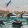 Original watercolour and gouache 15x6.5 inch.(38x16.5 cm) 'Under the Bridge in Prague II' view over the river Vltava from the bankriver of the Lesser Quarter side in Prague, on background the well know Charles Bridge and typical streamboats from the city. In the foreground swans ducks and geese populate the riverside. Prague-Czech Rep. made on location during this year 2015 by Massimo Damico, professional and specialist in this technique; on paper watercolor, Saunders Waterford Watercolor Papers 300gm rough