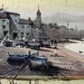 Original watercolour and gouache 15 H x 11 W inch.(38x29 cm) 'Wake up Sailors!' a view, over the beach of the little town on Amalfi Coast, just after the sanset, during an autumnal day; with typical sailing boats on shore and sailors around preparing the nets for the next sailing; Amalfi coast- South Italy: made on location during the 2015 by Maximilian Damico, specialist in the watercolor technique: on Paper Watercolor Sauders and Waterford 300gm rough