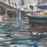 Original watercolour and gouache 16.5 W x 12.5 H inch.(43x32 cm) ' Venice under bridge II' view throug the canal of ' Dei Greci di Rio' with the steeple of the Church San giorgio dei Greci, on background; with local people tying up boats and gondolas in the canal. Venice - Italy. Made on location during this year 2016 by Maximilian Damico, professional in thie Watercolor technique; on paper watercolor, Saunders Waterford 300gm rough