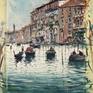 Original watercolour and gouache 11 W x 15 H inch.(29x38 cm) 'Venice Canal Grande' view through the Canal Grande with local boats and gondolas giving a ride to the tourists, Venice - Italy. Made on location this summer through several sketches of the theme, last stage carried out in the studio during this year 2016 by Maximilian Damico, professional in Watercolor technique; on paper watercolor, Saunders Waterford 300gm rough and Schmincke colors;