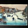 Original watercolour and gouache 15 W x 11 H inch.(39x28 cm) 'Venice Canal Grande II' view through the Canal Grande in Venice, with local boats and gondolas giving a ride to the tourists; Venezia - Italy. Made on location through several sketches of the theme, last stage done in the studio during the year 2016 by Maximilian Damico, professional in Watercolor technique; on paper watercolor, Saunders Waterford 300gm rough and Schmincke colors;
