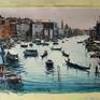 Original watercolour and gouache 15 W x 11 H inch.(39x28 cm) 'Venice Canal Grande II' view through the Canal Grande in Venice, with local boats and gondolas giving a ride to the tourists; Venezia - Italy. Made on location through several sketches of the theme, last stage done in the studio during the year 2016 by Maximilian Damico, professional in Watercolor technique; on paper watercolor, Saunders Waterford 300gm rough and Schmincke colors;