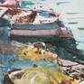 Original watercolour and gouache 15 H x 9 W inch.(38x23cm) 'Small Ports II' a view over a small port in the fishing village of Cetara, on Amalfi Coast in Italy, the tiny port lined with typical bobbing fishing boats : Made on location during the year 2017 by Maximilian Damico, professional Watercolourist; on paper watercolor Saunders Waterford 300gm rough