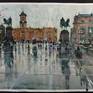 Original watercolour and gouache 22 W x 15,5 H inch.(56x40 cm) 'Raining Rome' view over the Piazza Del Campidoglio in Rome during a raining day; the angle of the view is from the ramped staircase called ''la Cordonata''; a stepped ramp that lift its visitors slowly toward the sky and the Reinassance Palazzi designed by Michelangelo Buonarroti . Made on location this year 2017 by Maximilian Damico, professional Watercolorist; on paper watercolor, Saunders Waterford 300gm rough