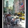 Original watercolour and gouache 11 W x 15 H inch.(29x38 cm) 'Rest to Central Park' view through a crossroad, next to Central Park, with an horse drawn carriage waiting for a new ride, and on background all the frenetic life of a New York in rush hour: Demo in Studio 2017 by Maximilian Damico, professional Watercolourist; on paper watercolor Saunders Waterford 300gm rough