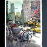 Original watercolour and gouache 11 W x 15 H inch.(29x38 cm) 'Rest to Central Park' view through a crossroad, next to Central Park, with an horse drawn carriage waiting for a new ride, and on background all the frenetic life of a New York in rush hour: Demo in Studio 2017 by Maximilian Damico, professional Watercolourist; on paper watercolor Saunders Waterford 300gm rough