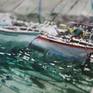 Plein Air Watercolor on paper 8 H x 11.5 W inch.(20x29 cm) ' Docking Sailboats ` view over the turistic port of Salerno in South Italy; with few docked Sailing boats at the pier : Produced in situ year 2017, on paper watercolor 300gm rough
