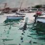 Plein Air Watercolor on paper 8 H x 11.5 W inch.(20x29 cm) ' Docking Sailboats ` view over the turistic port of Salerno in South Italy; with few docked Sailing boats at the pier : Produced in situ year 2017, on paper watercolor 300gm rough