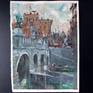 Watecolor plein air 11 W x 15 H inch.(29x38 cm) 'Castel Dell `Angelo'; I made this plein air watercolor, from the tiber river bank, capturing the Statues and the Arcades of the bridge Ponte Sant Angelo; on the background the cylindrical shape of the Mausoleum of Hadrian usually know as Castel dell Angelo as well, and part of Rome city. Made on location 2018, on paper watercolor Saunders Waterford 300gsm rough