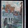 Watecolor plein air 11 W x 15 H inch.(29x38 cm) 'Castel Dell `Angelo'; I made this plein air watercolor, from the tiber river bank, capturing the Statues and the Arcades of the bridge Ponte Sant Angelo; on the background the cylindrical shape of the Mausoleum of Hadrian usually know as Castel dell Angelo as well, and part of Rome city. Made on location 2018, on paper watercolor Saunders Waterford 300gsm rough